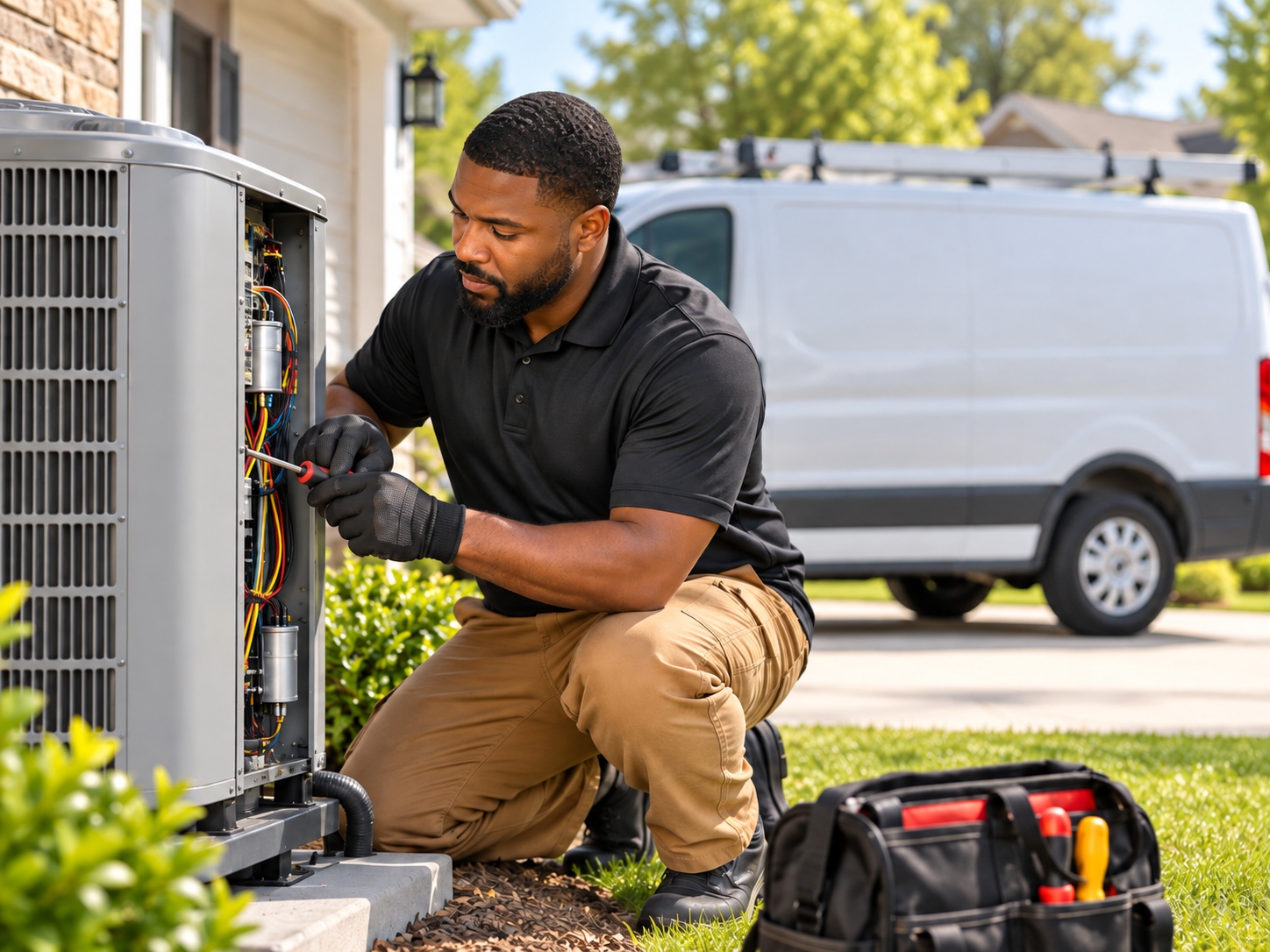 HVAC technician servicing outdoor AC unit beside service van