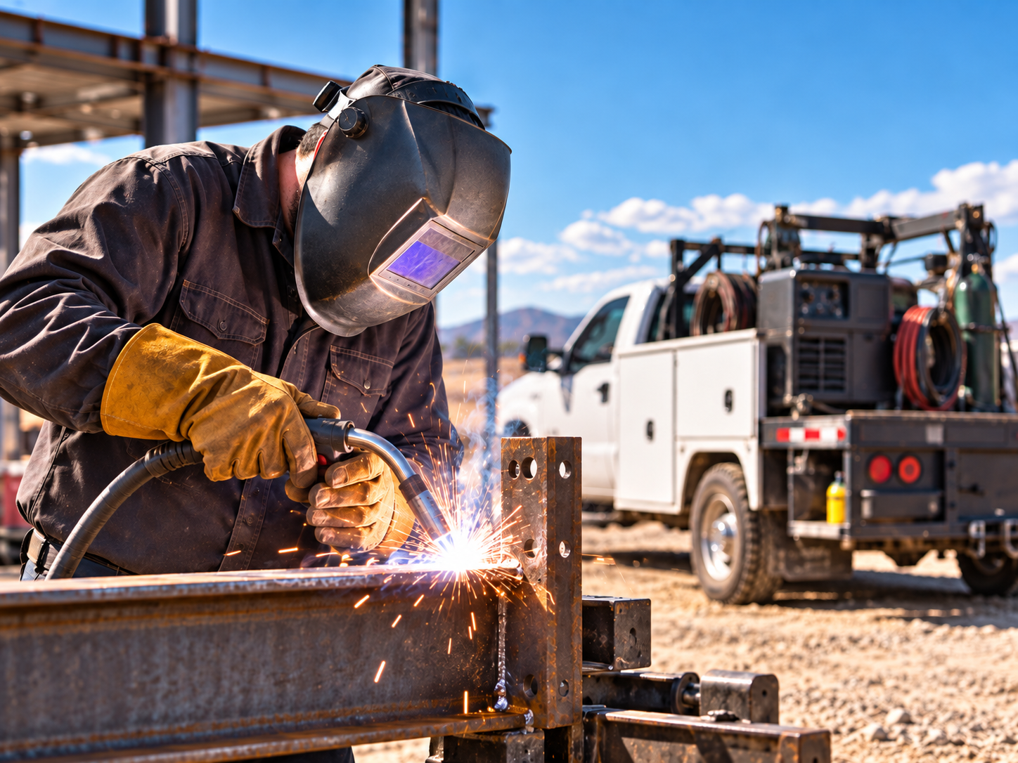 Mobile welder in safety helmet welding structural steel on-site with service rig