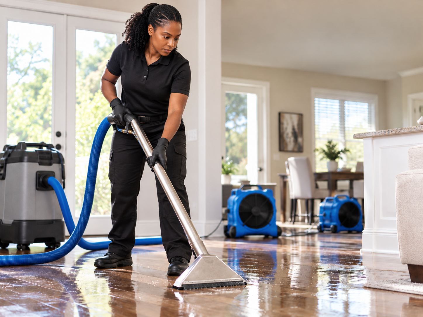 Restoration technician extracting water damage with industrial drying equipment