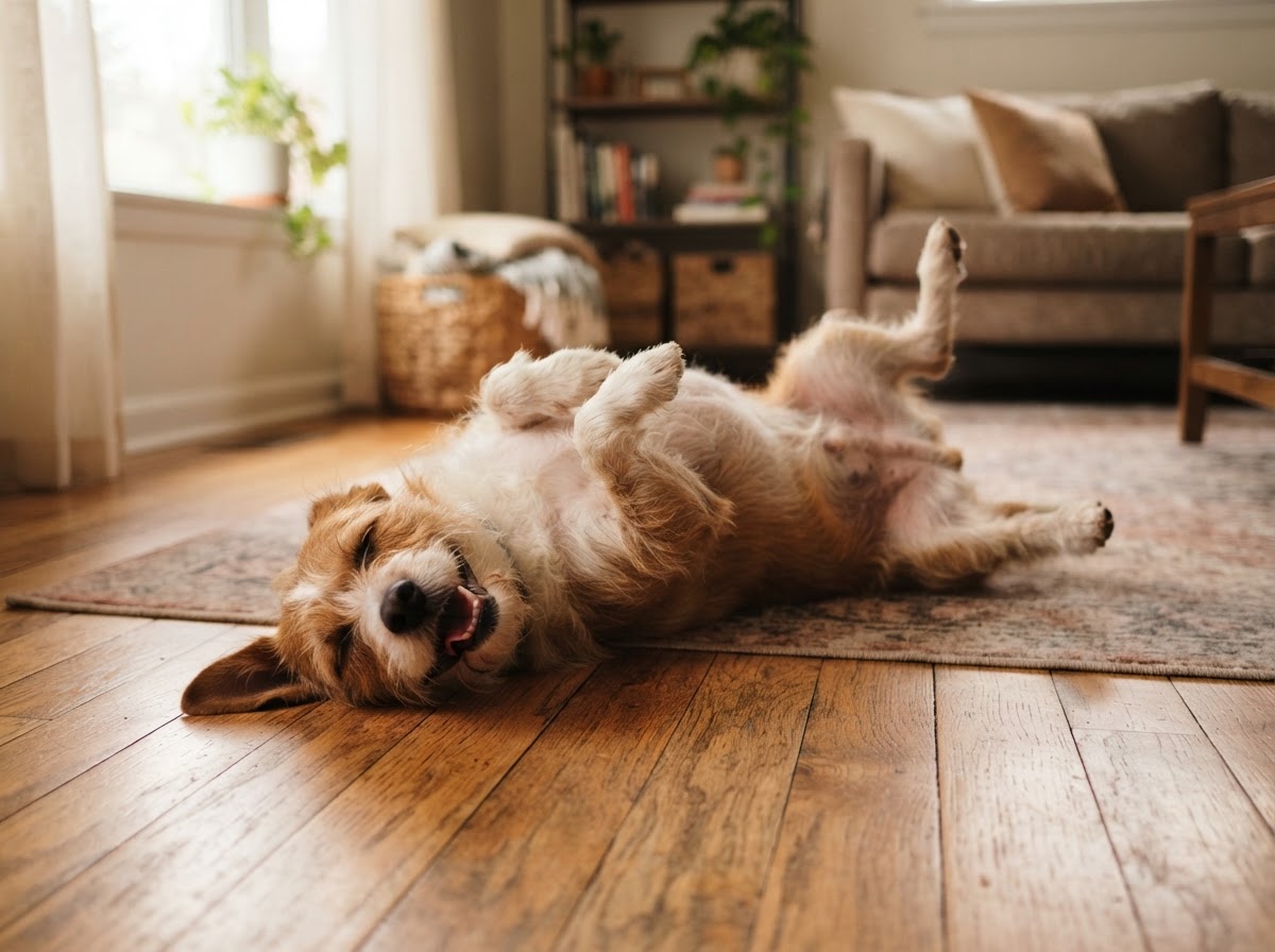 Relaxed dog laying on its back on warm hardwood floors, legs playfully in the air