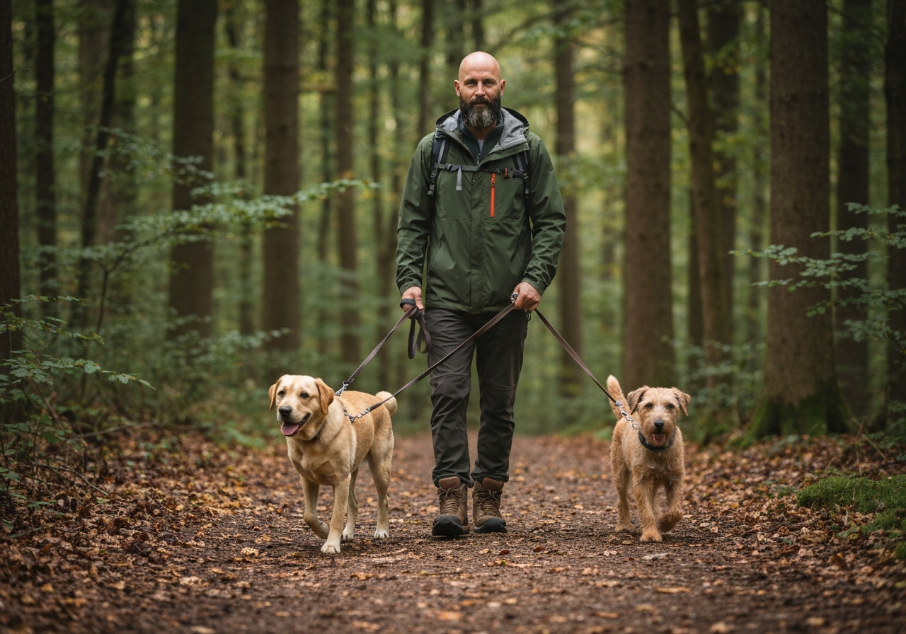 Middle-aged bald man with a nicely trimmed beard walking two dogs in the woods