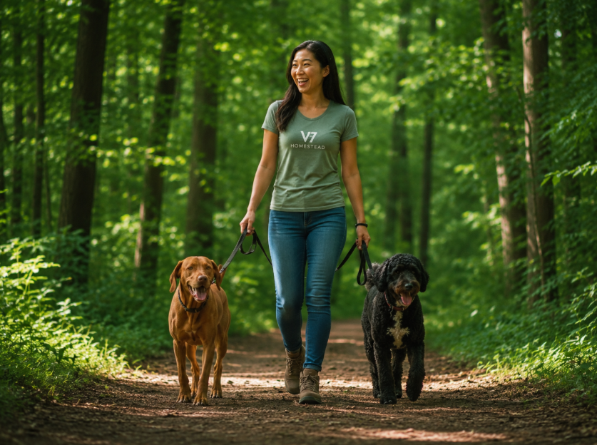 Young woman walking two dogs on a wooded trail