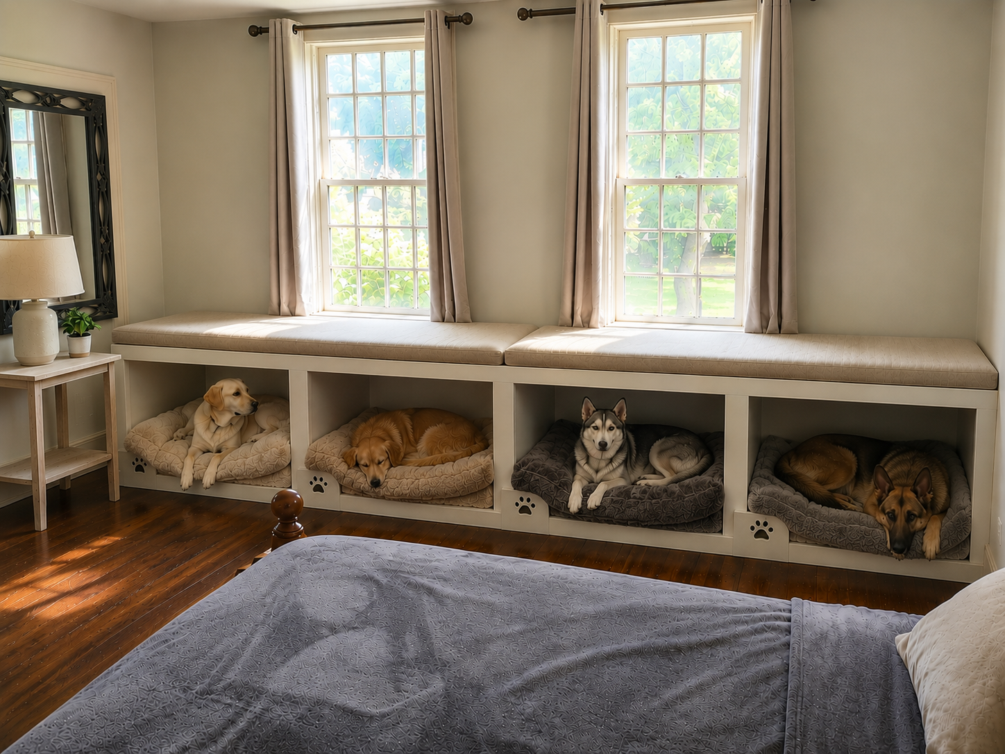 Four cozy built-in dog beds in a sunny window seat — each with its own plush cushion and paw-print detail