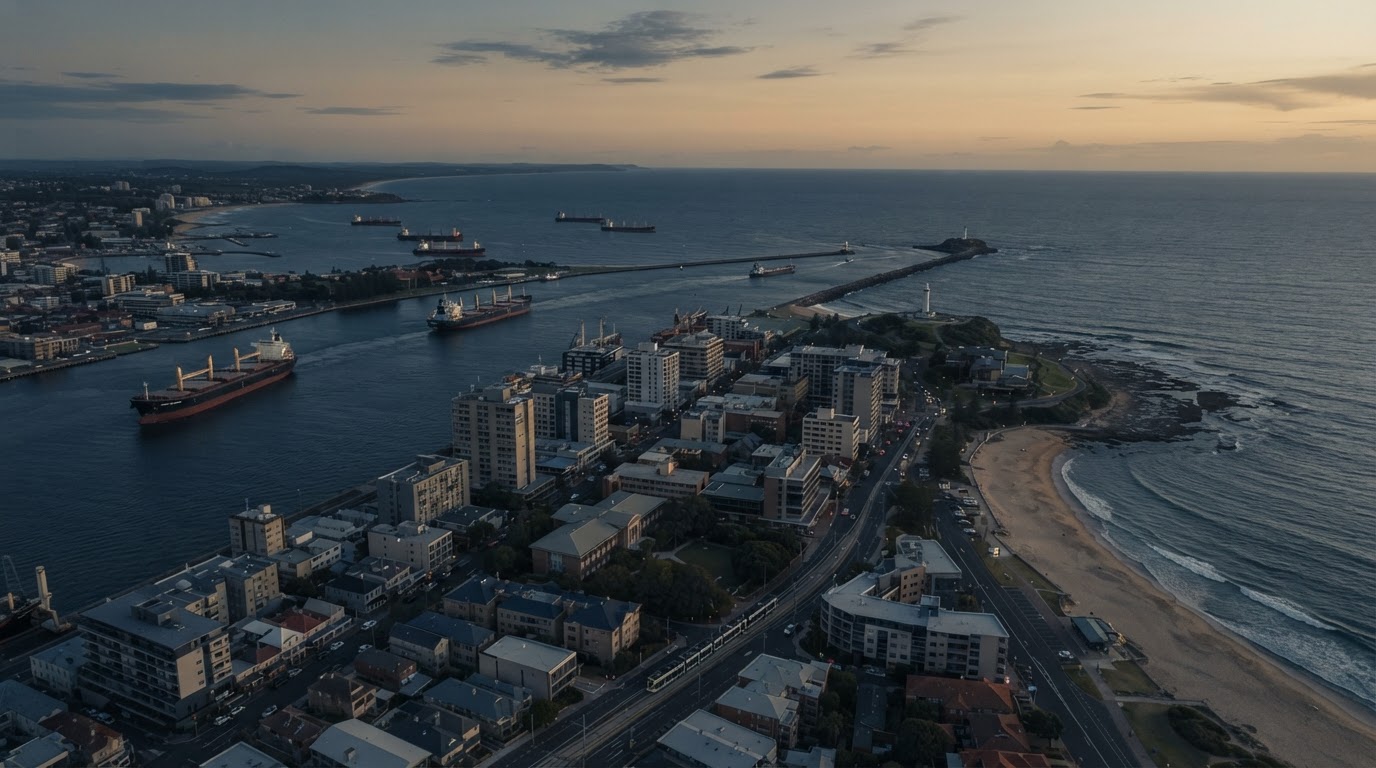 Aerial view of Newcastle harbour, inner city and coastline