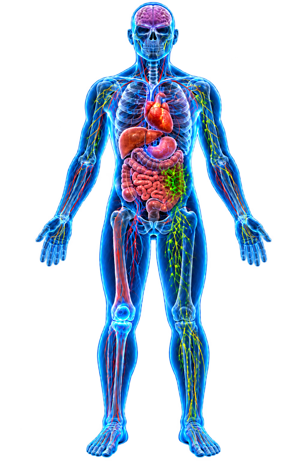 Interactive human body atlas showing 9 biological systems with peptide signaling networks