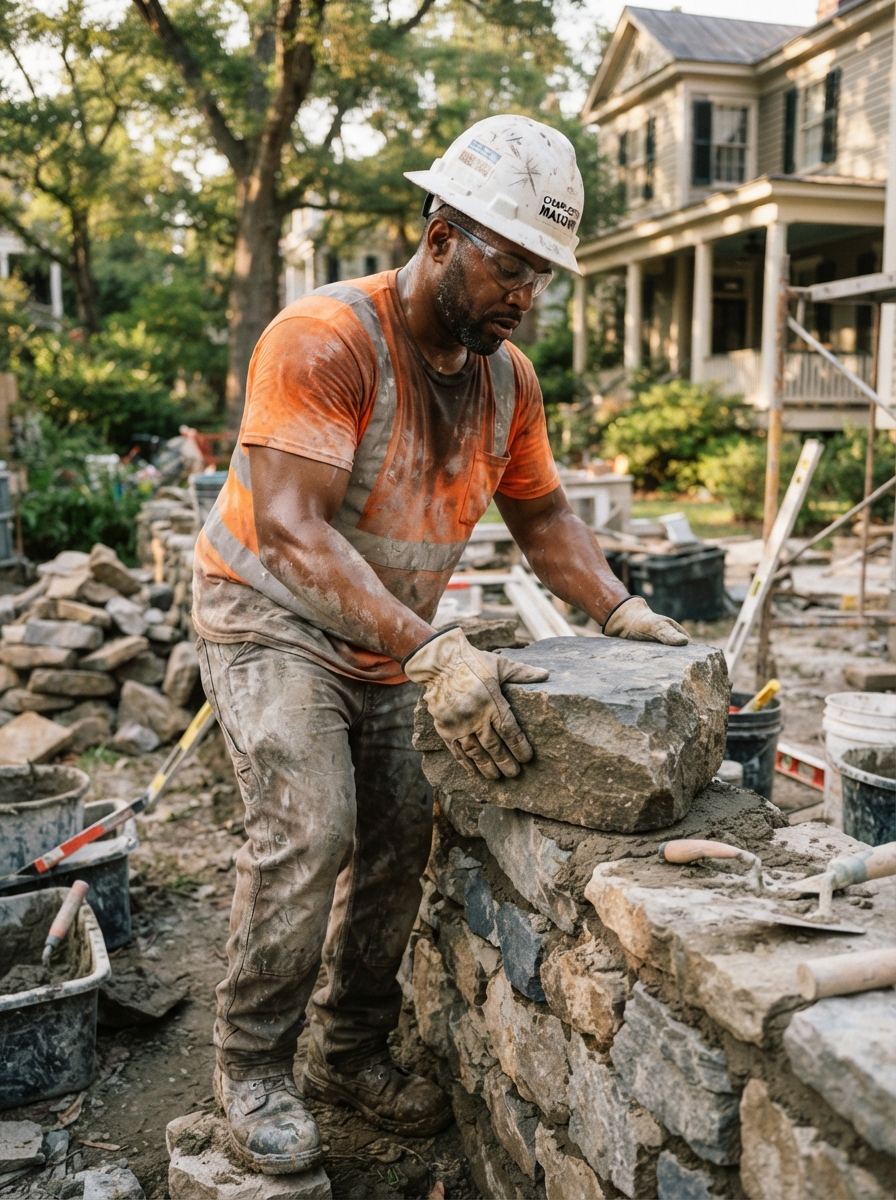 Muscular Black American mason positioning a stone block wearing full PPE