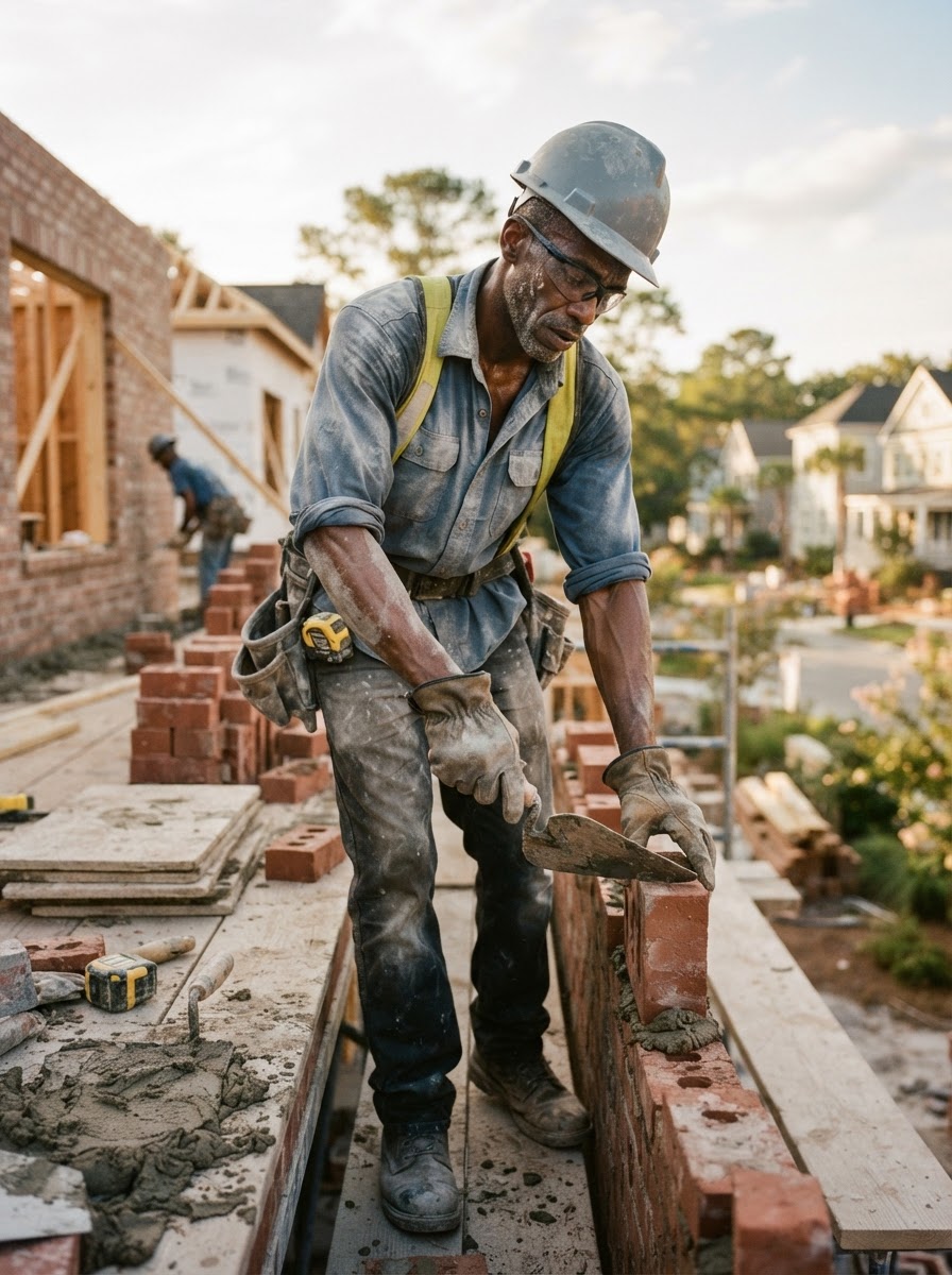 Tall lean Black American mason laying brick on a residential wall wearing full PPE