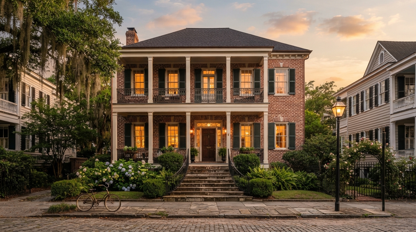 Charleston brick home with expert masonry work at golden hour