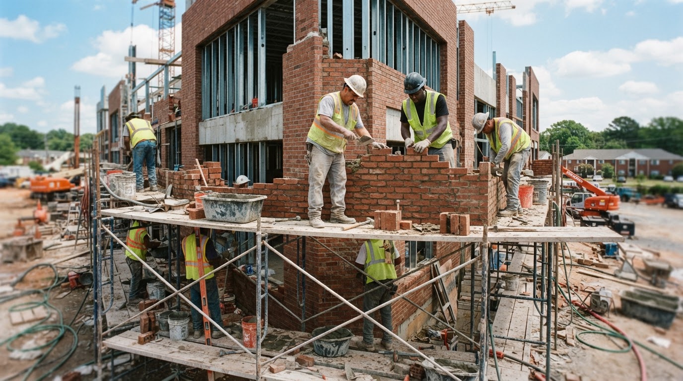 Louis Masonry commercial crew building a brick facade in South Carolina