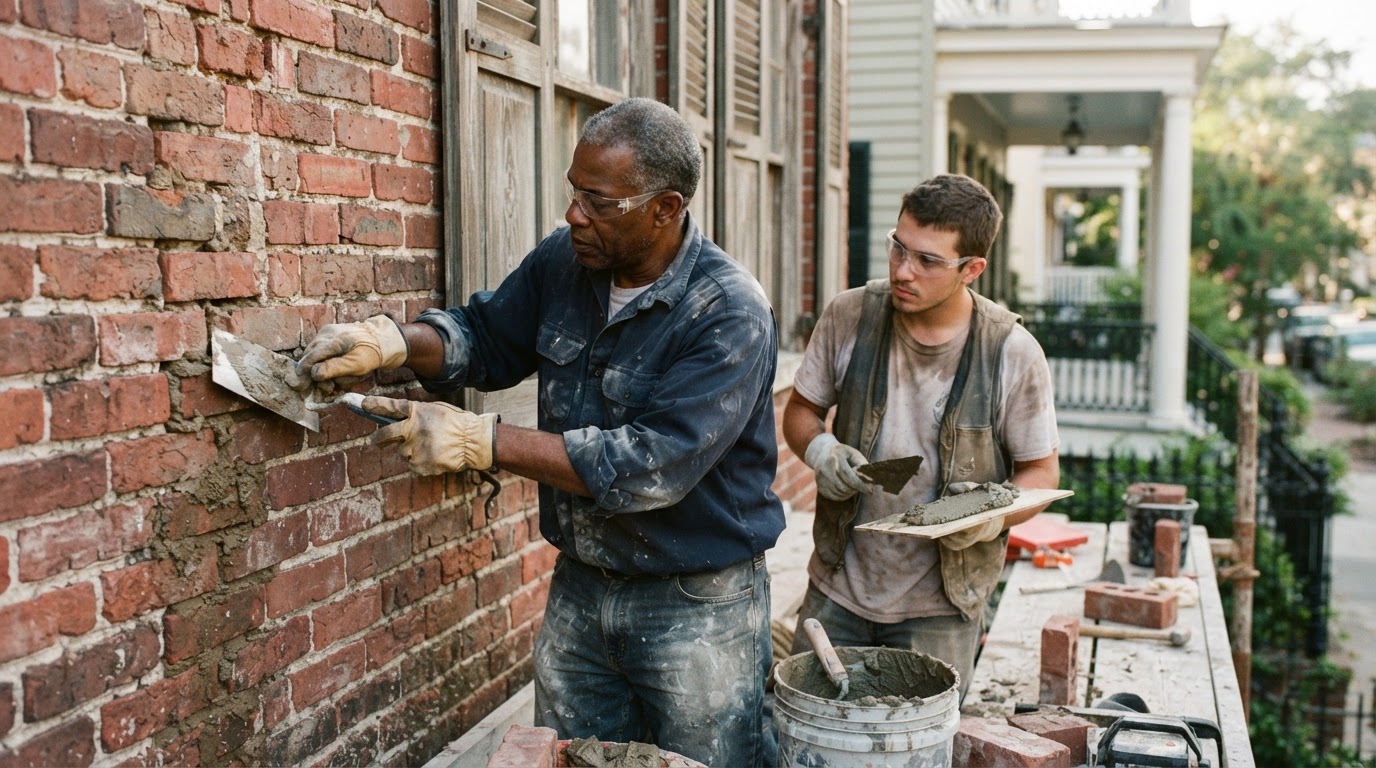 Louis Masonry crew working on a Charleston brick project