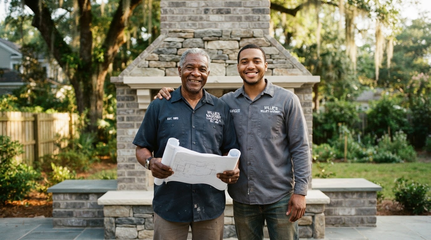 Two generations of Louis Masonry tradespeople in front of a completed stone outdoor fireplace in Charleston