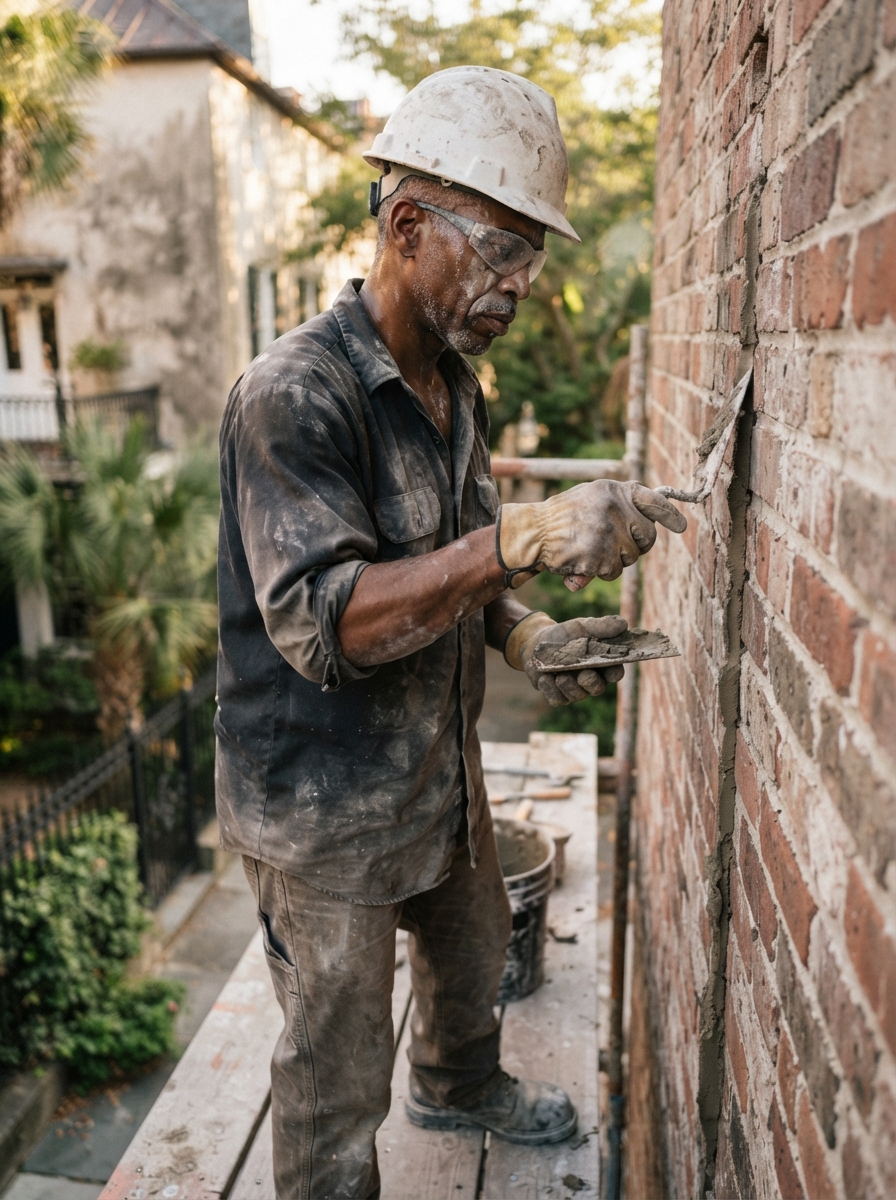 Lean Black American mason doing tuckpointing work wearing full PPE