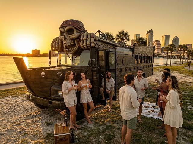 Dad Skool Pirate Bus by the water with crew and friends