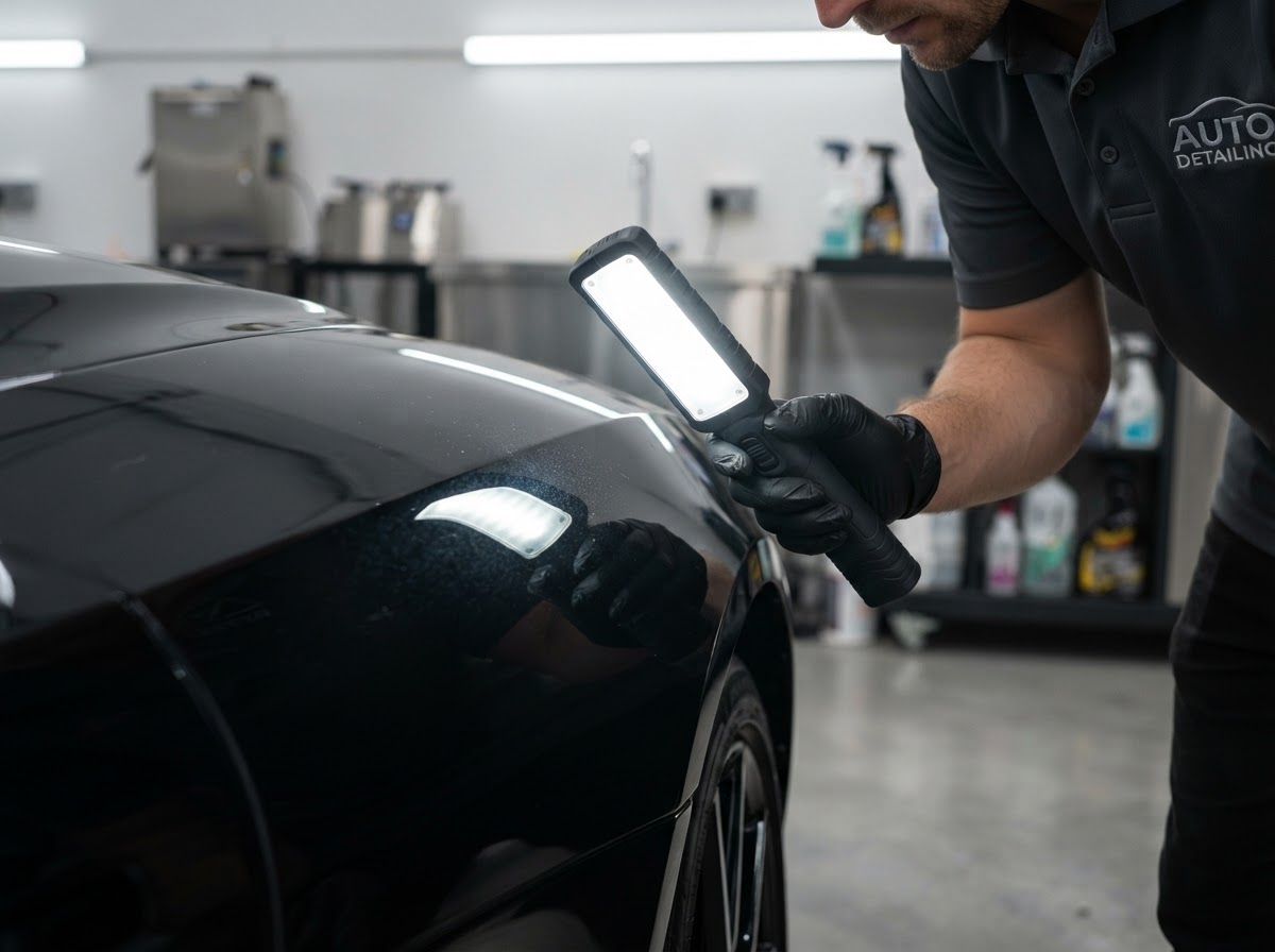 Technicus inspecteert de lak van een donkere auto met een detailinglamp in de studio