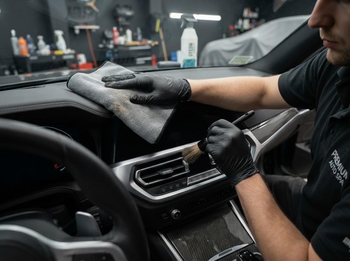 Dashboard en oppervlakken tijdens interieur detailing in Zeewolde