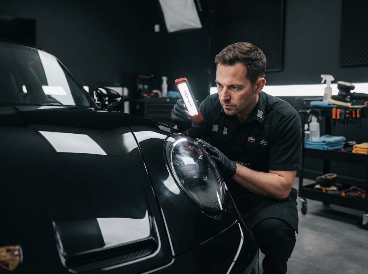 Technicus inspecteert de lak van een donkere auto met een detailinglamp in de studio