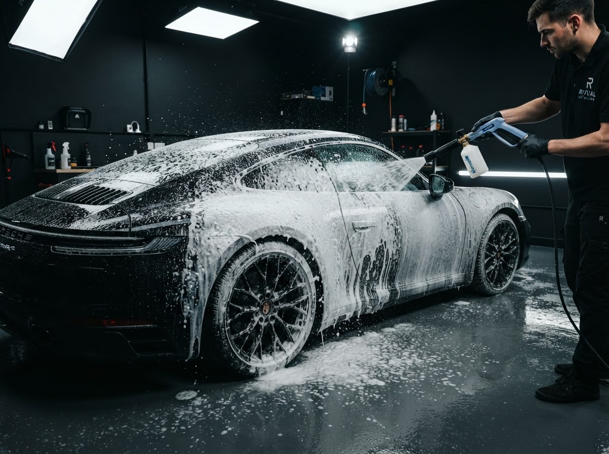 Professionele schuimwas van een donkere luxe auto tijdens detailing in Zeewolde