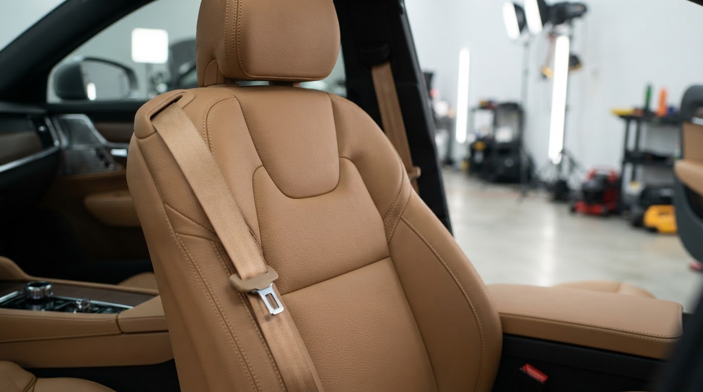 Lederen autostoel tijdens een leather care behandeling in Zeewolde