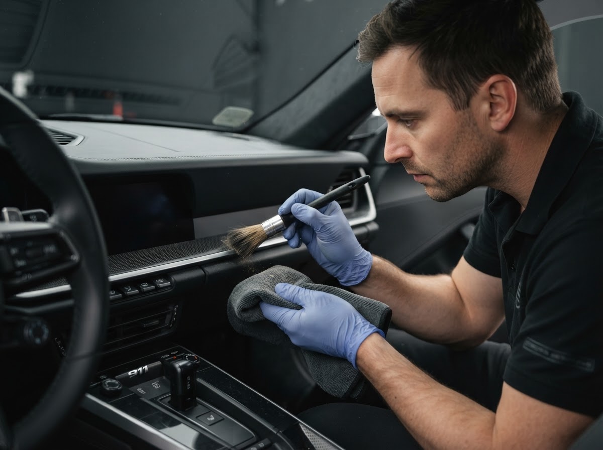 Technicus werkt een interieurnaad bij met een detailingborstel tijdens Signature Detail