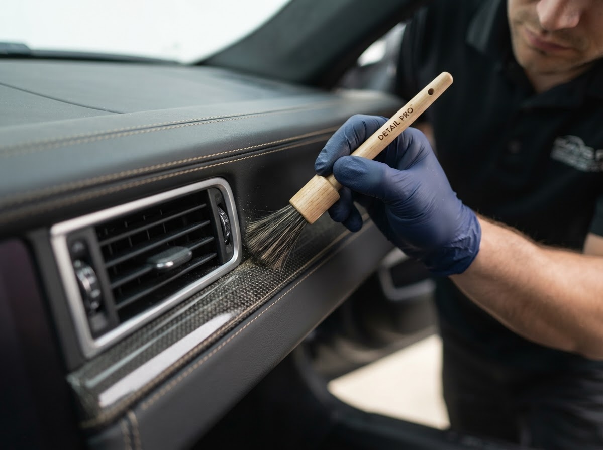 Technicus werkt een interieurnaad bij met een detailingborstel tijdens Concours Detail