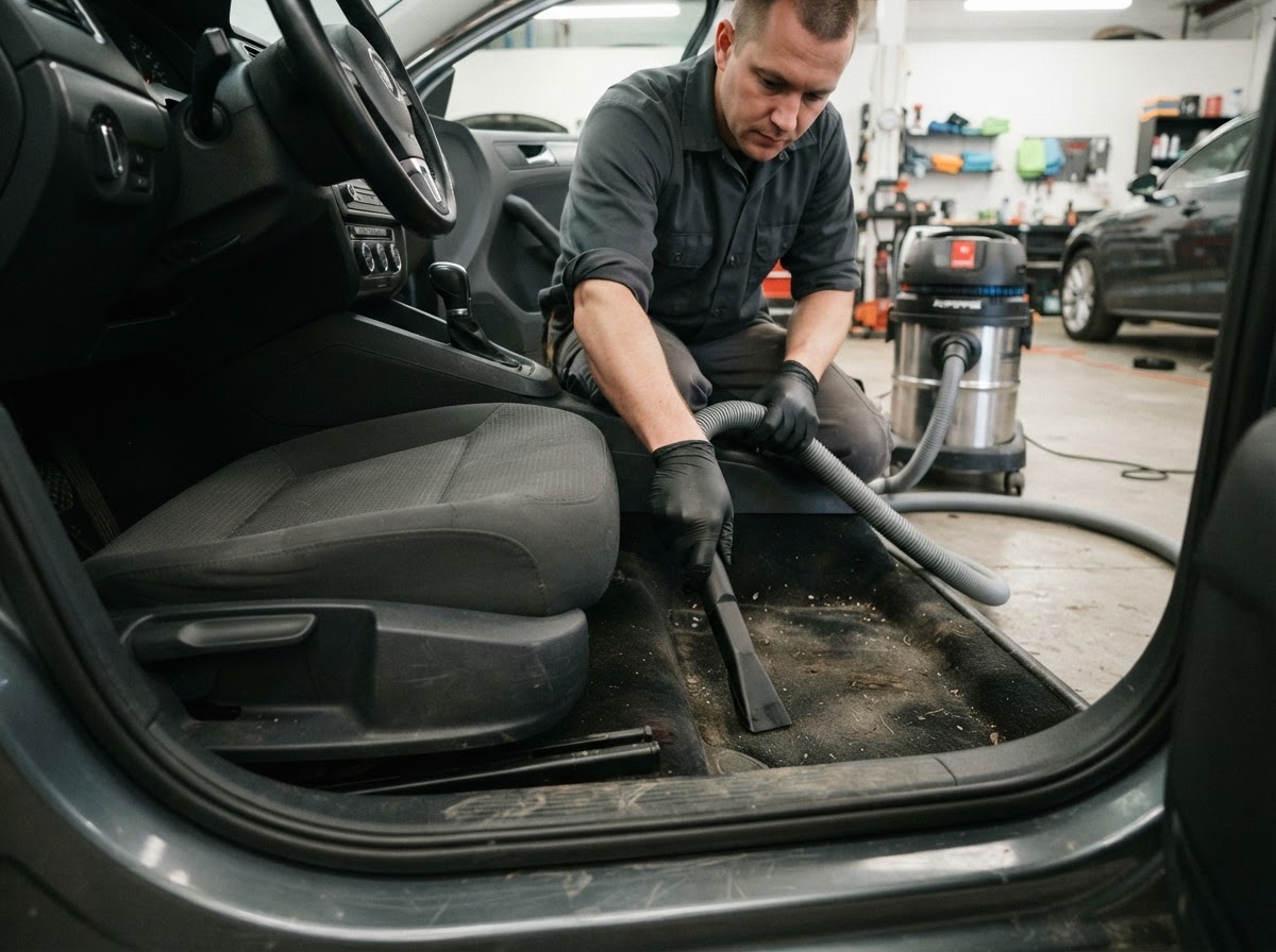 Technicus stofzuigt het interieur van een auto tijdens Quick Refresh