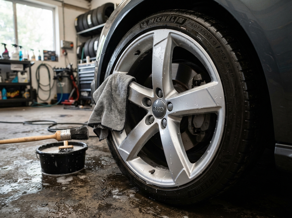 Gereinigde velg en band tijdens een Signature Detail behandeling in Zeewolde