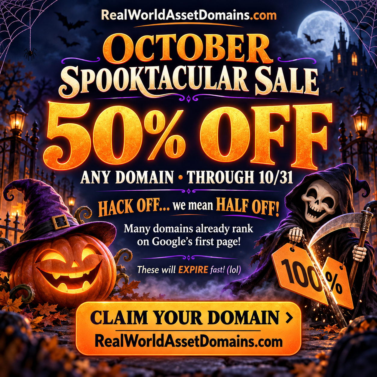 October Spooktacular Sale — 50% Off Any Domain Through 10/31