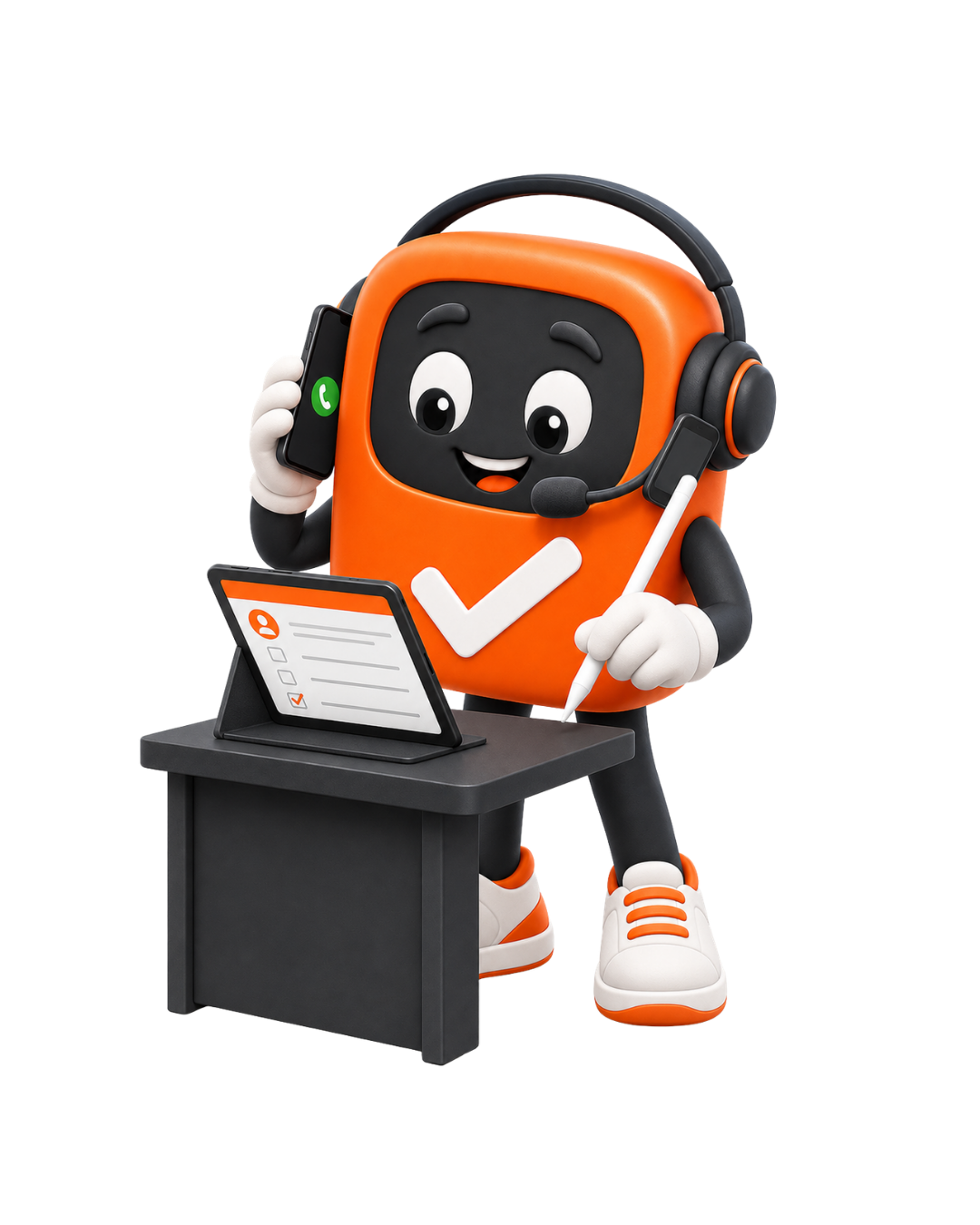 WorkWon mascot on headset answering calls at desk — Missed Call Text Back feature