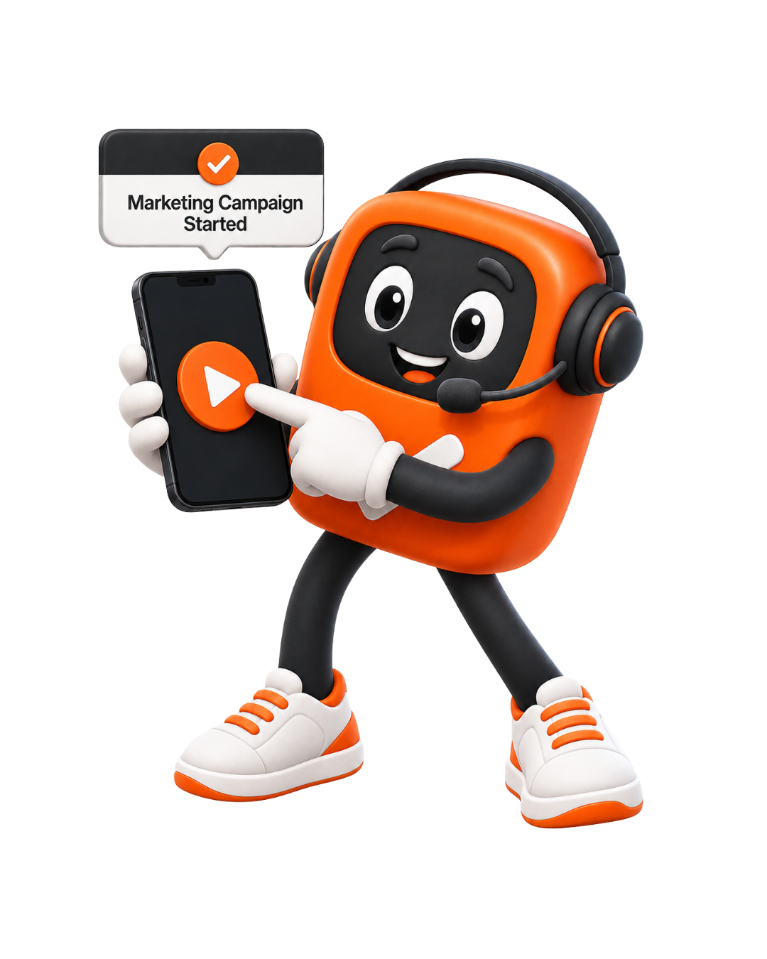 WorkWon mascot launching one-click marketing campaigns from phone