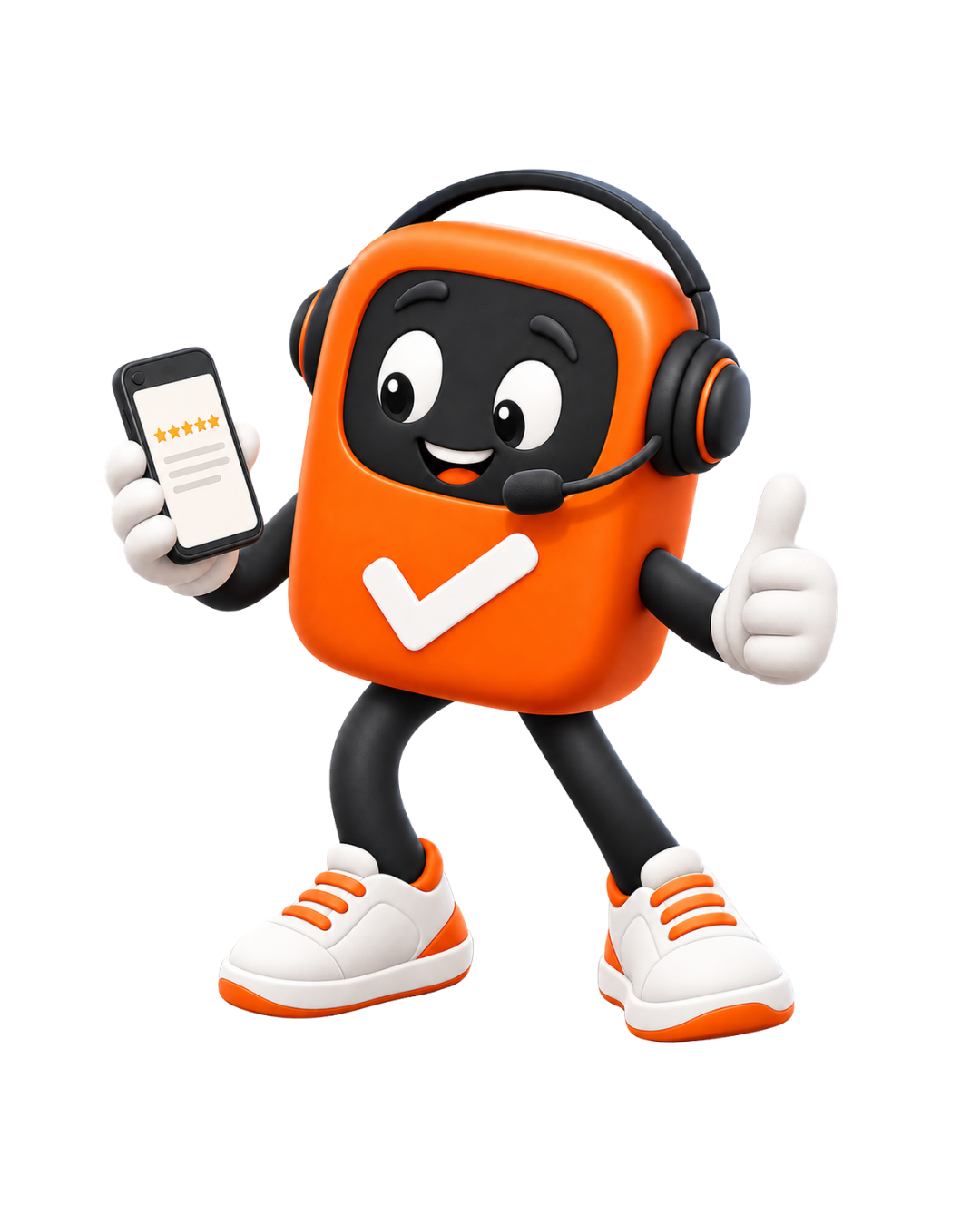 WorkWon mascot with headset giving a thumbs up and showing 5-star reviews on phone
