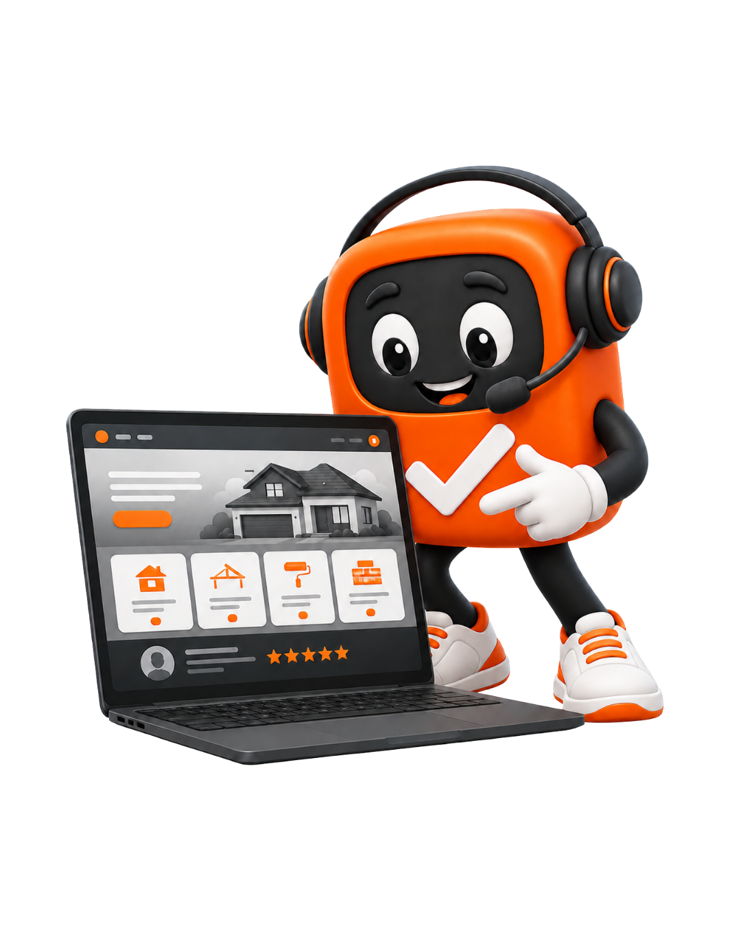 WorkWon mascot showing a functional website on laptop