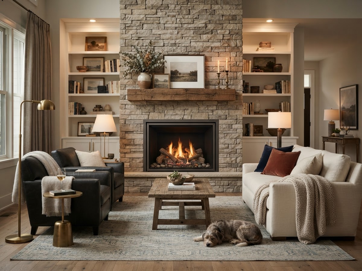 Elegant fireplace remodel with premium stone surround - MK Freitas