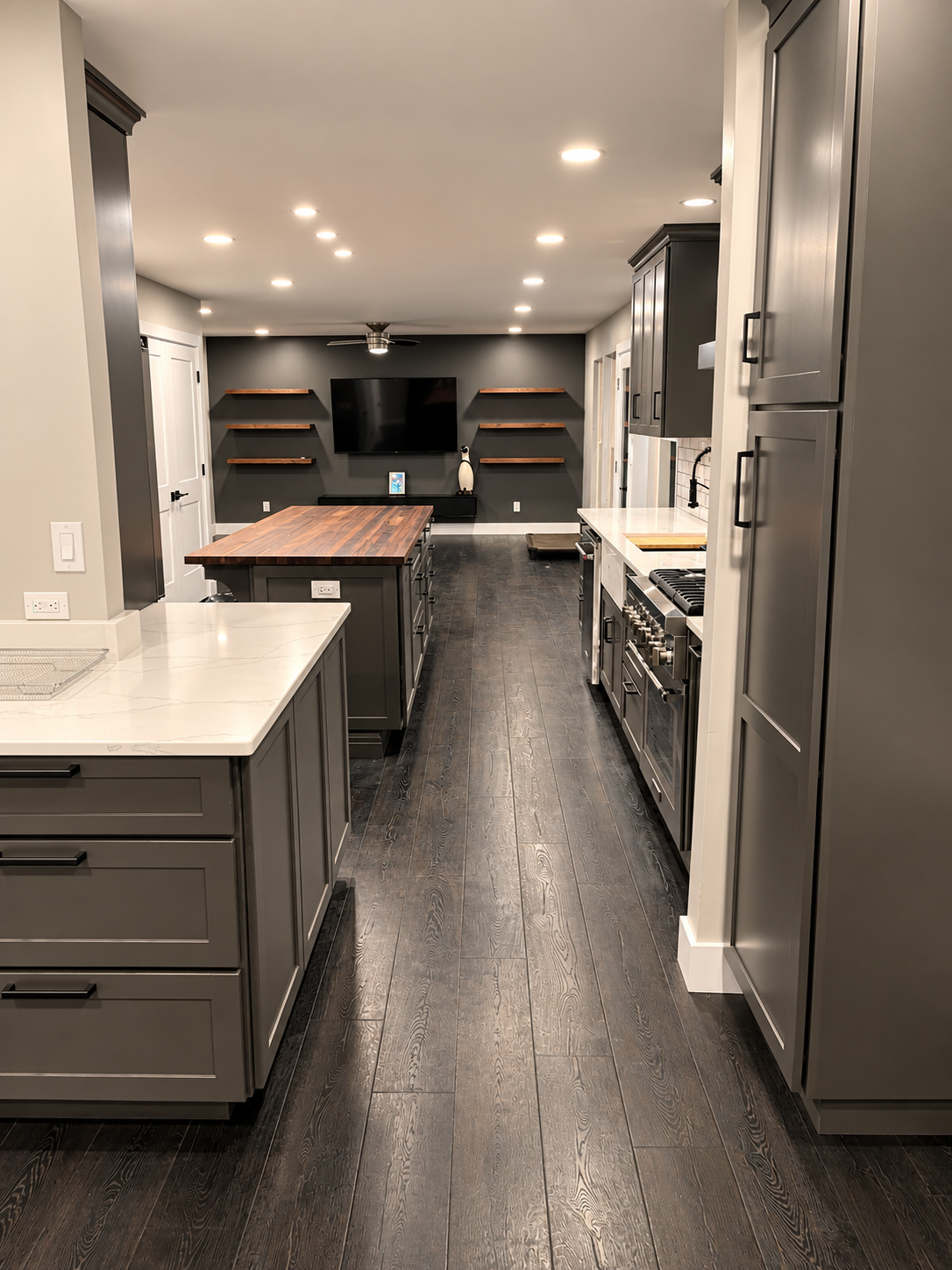 Modern Charcoal Kitchen with Walnut Butcher Block Island
