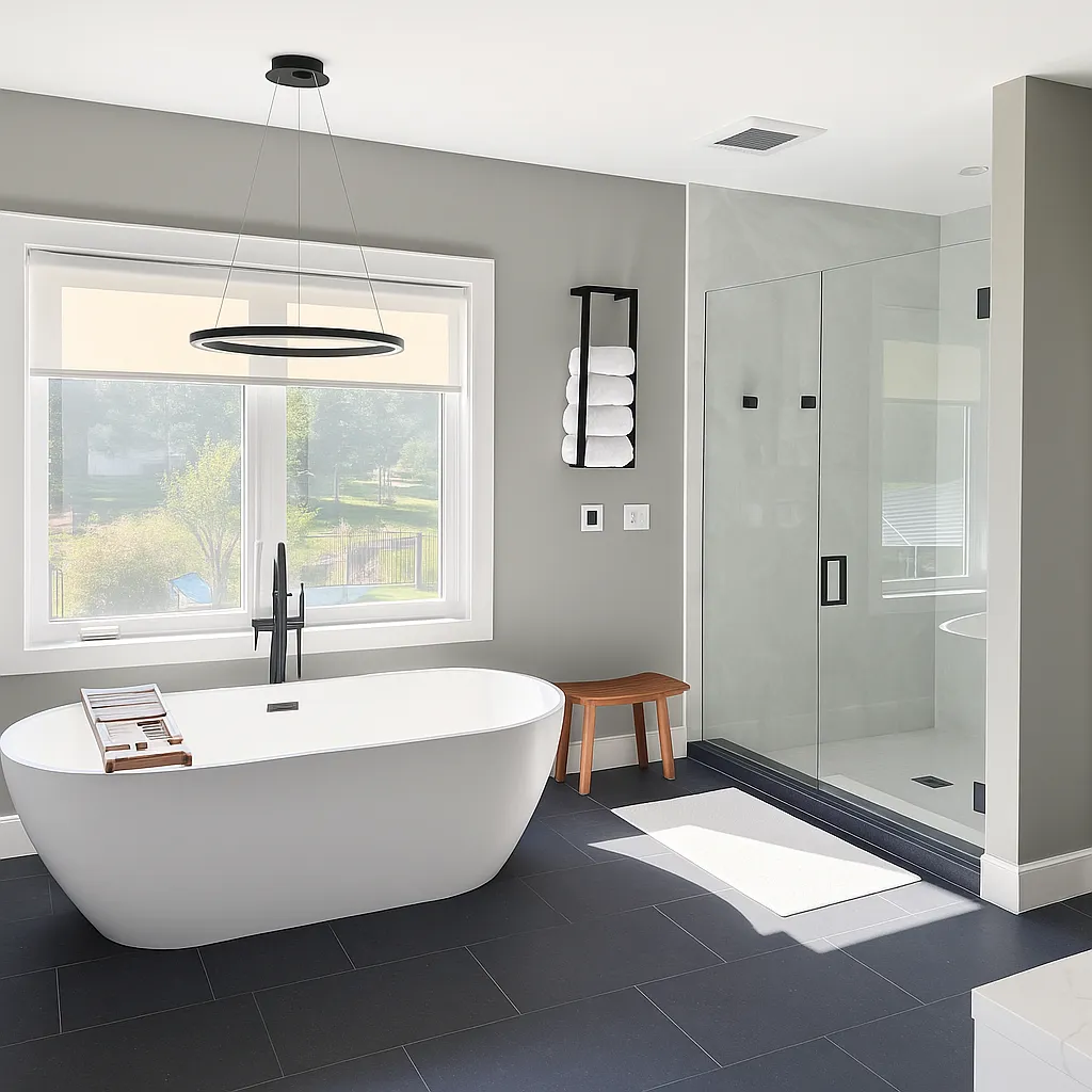 Spa primary bathroom with freestanding soaking tub and walk-in glass shower