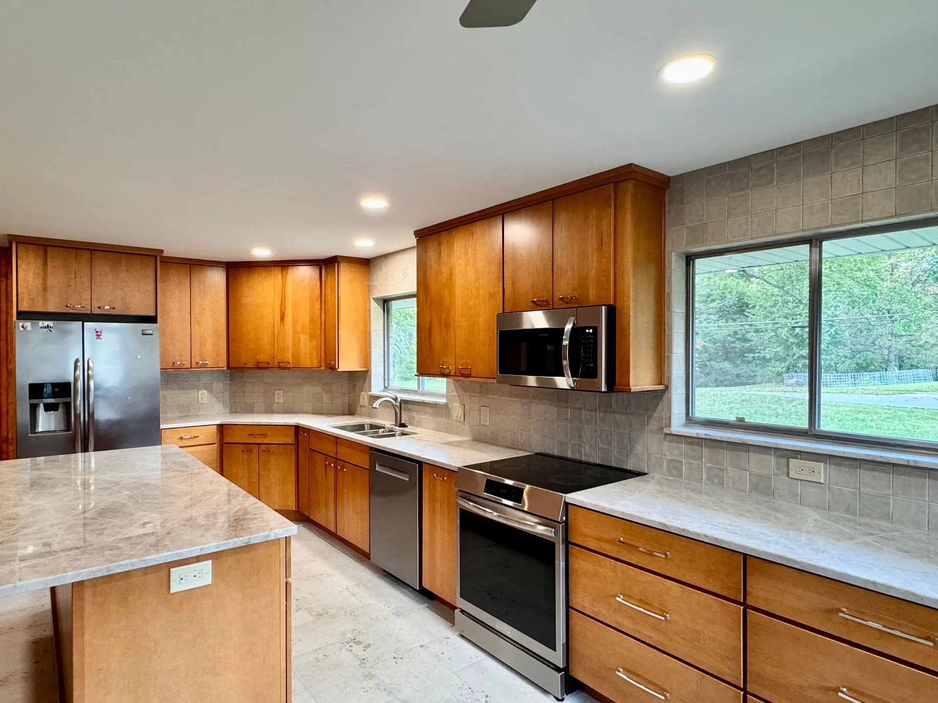 Expanded L-Shaped Oak Kitchen & Marble Countertops