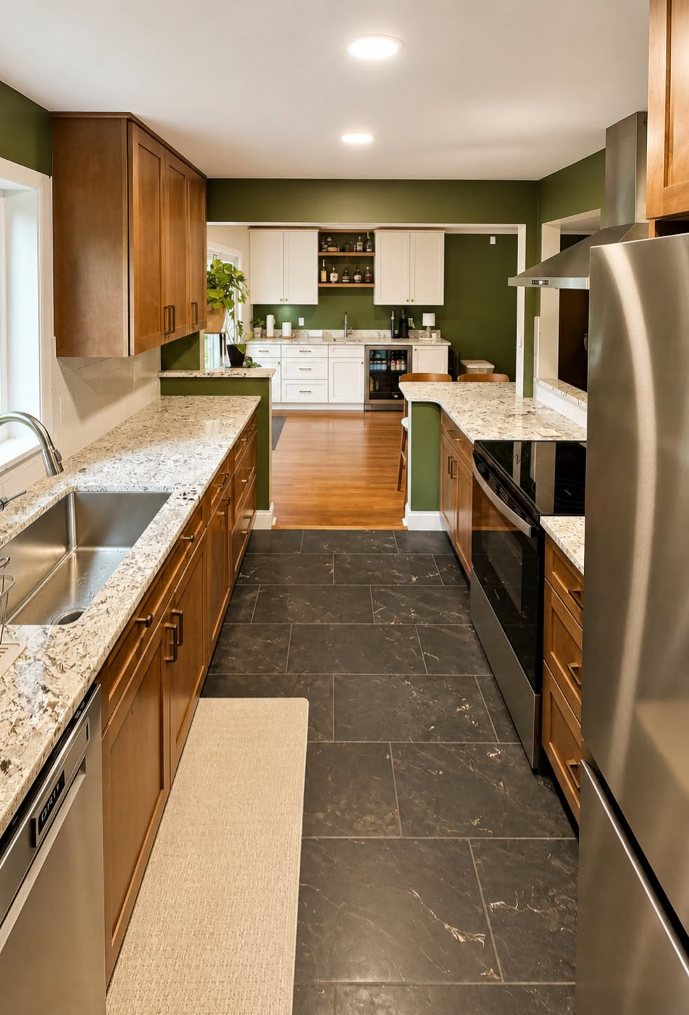 Galley kitchen with warm wood cabinetry, granite countertops, and dark tile floor