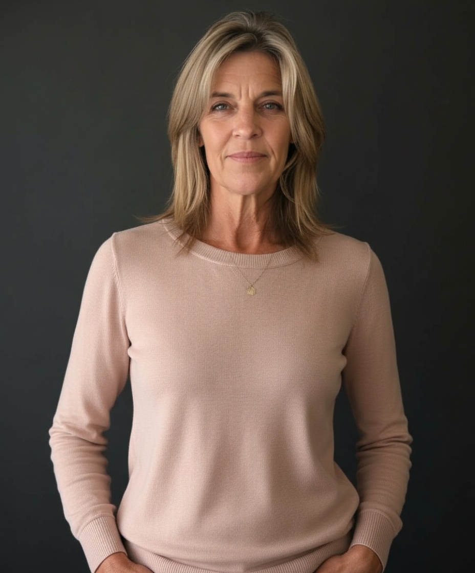 A woman standing in her power, warm golden light, embodying midlife transformation