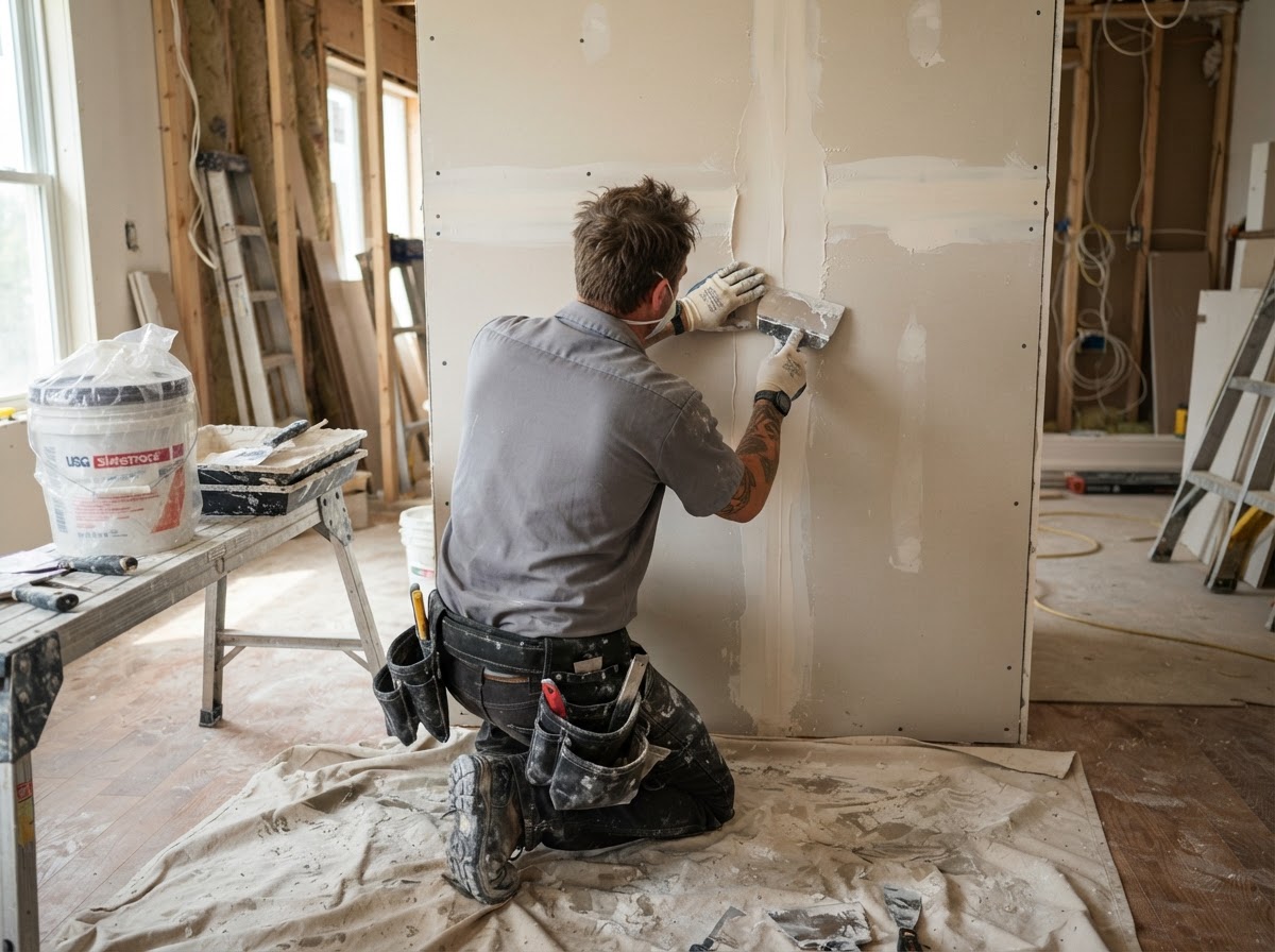 Drywall repair work in progress with joint compound application