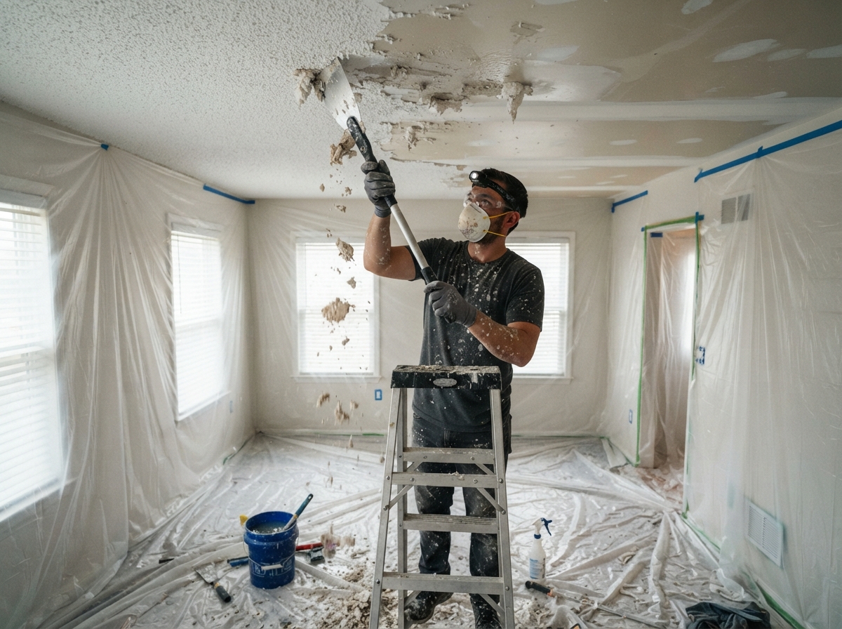 Popcorn ceiling removal in progress with scraper and protective sheeting