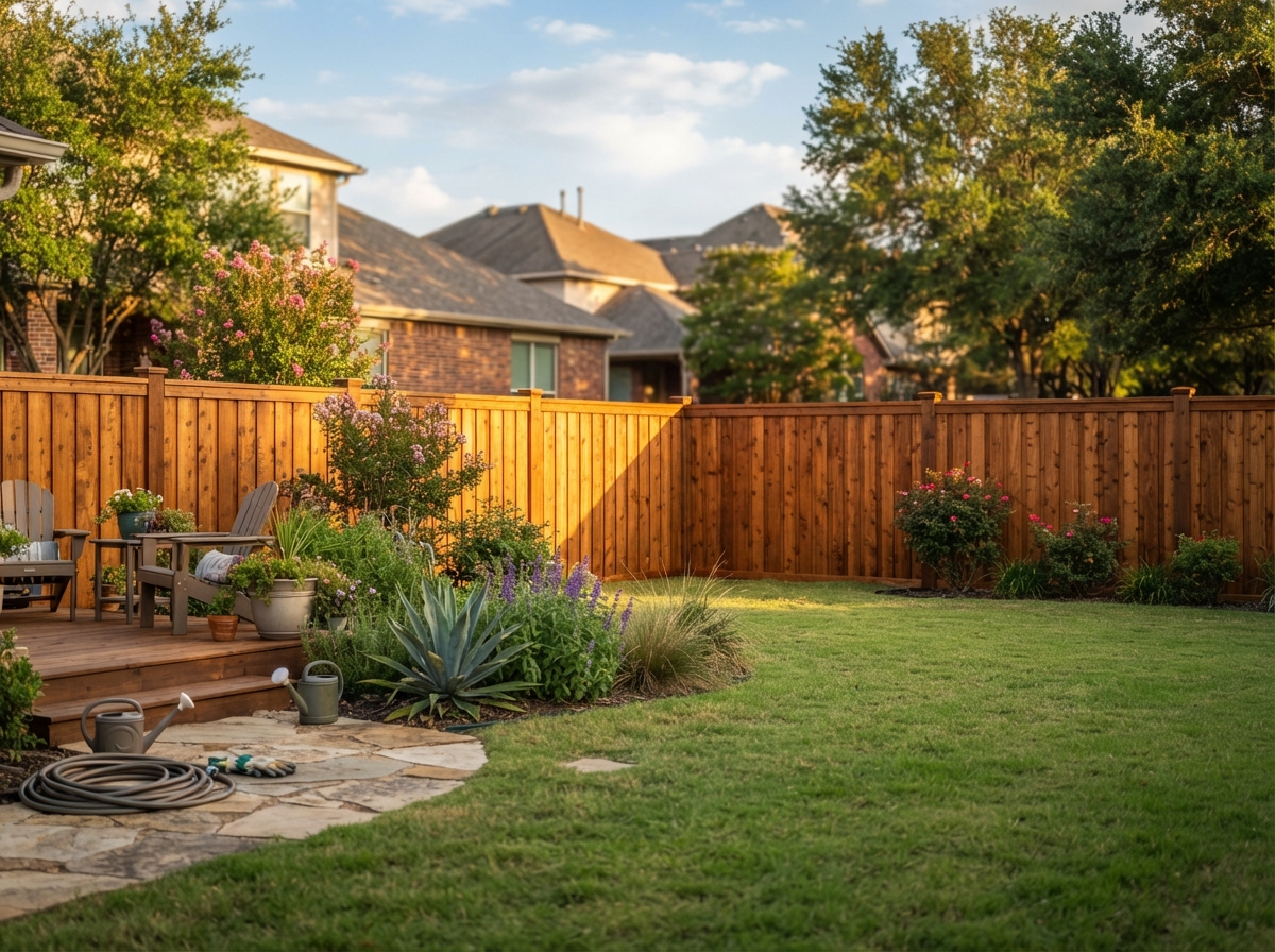 Cedar fence freshly stained with rich brown semi-transparent stain