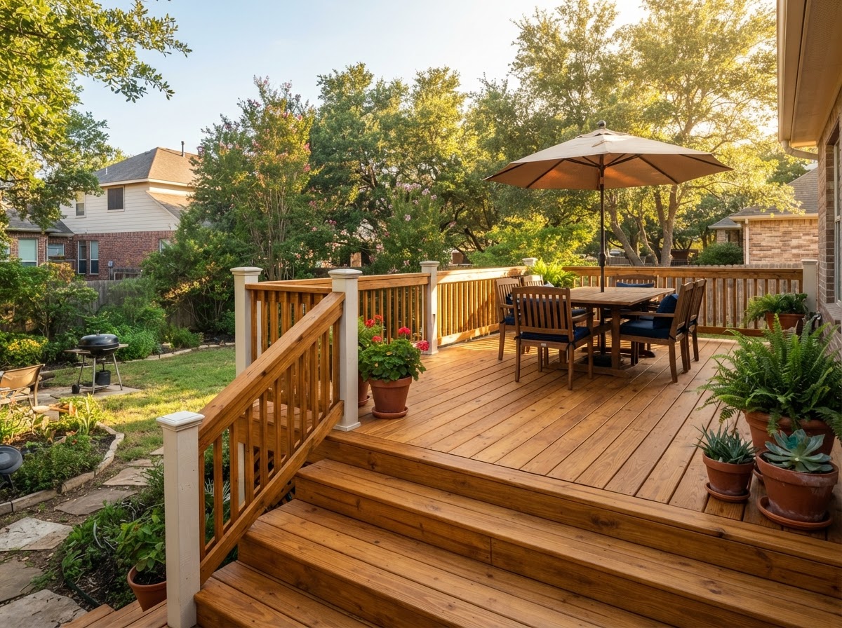 Wood deck freshly stained and sealed with warm honey-brown finish