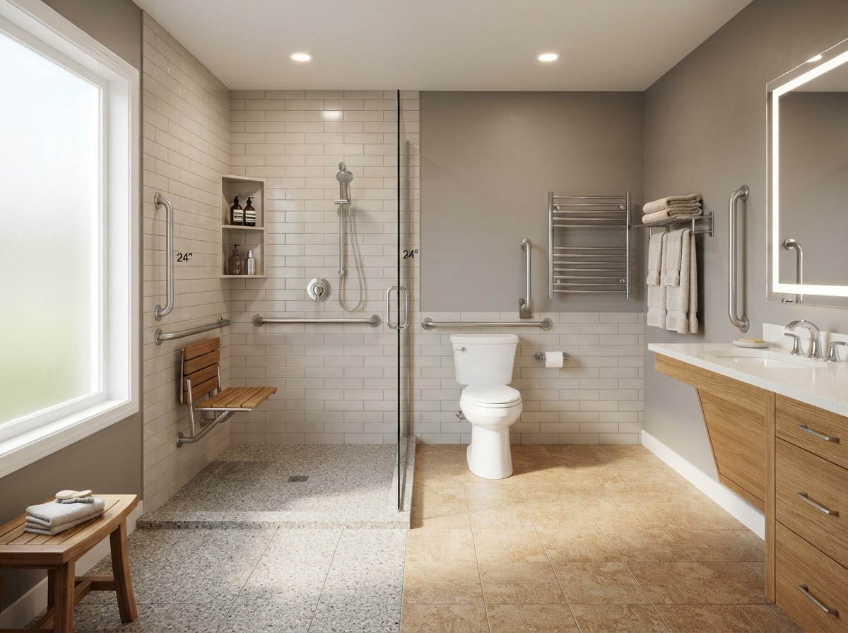 Accessible, safe residential bathroom with grab bars and non-slip flooring for aging-in-place