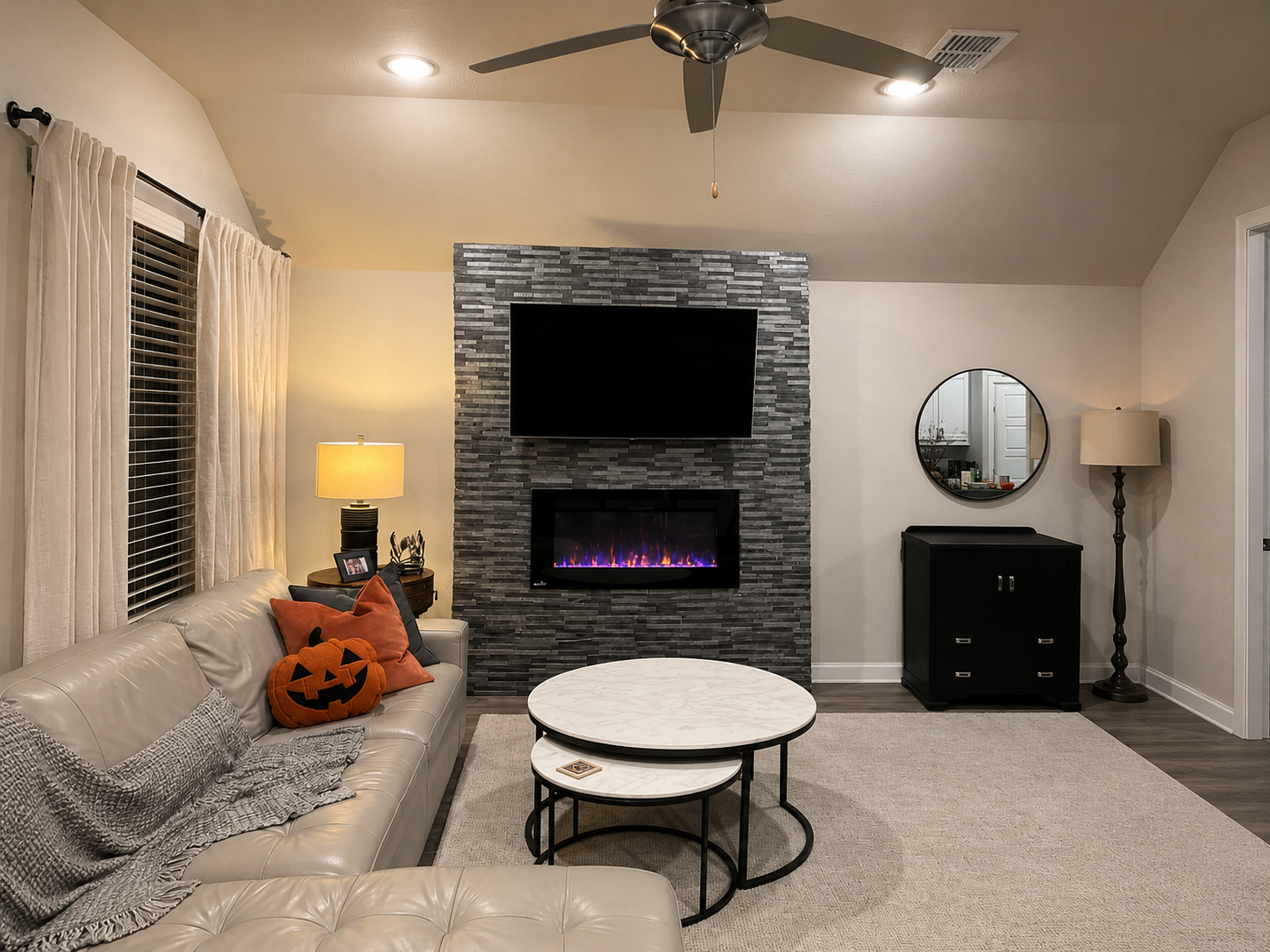 Custom Stacked Stone Fireplace
