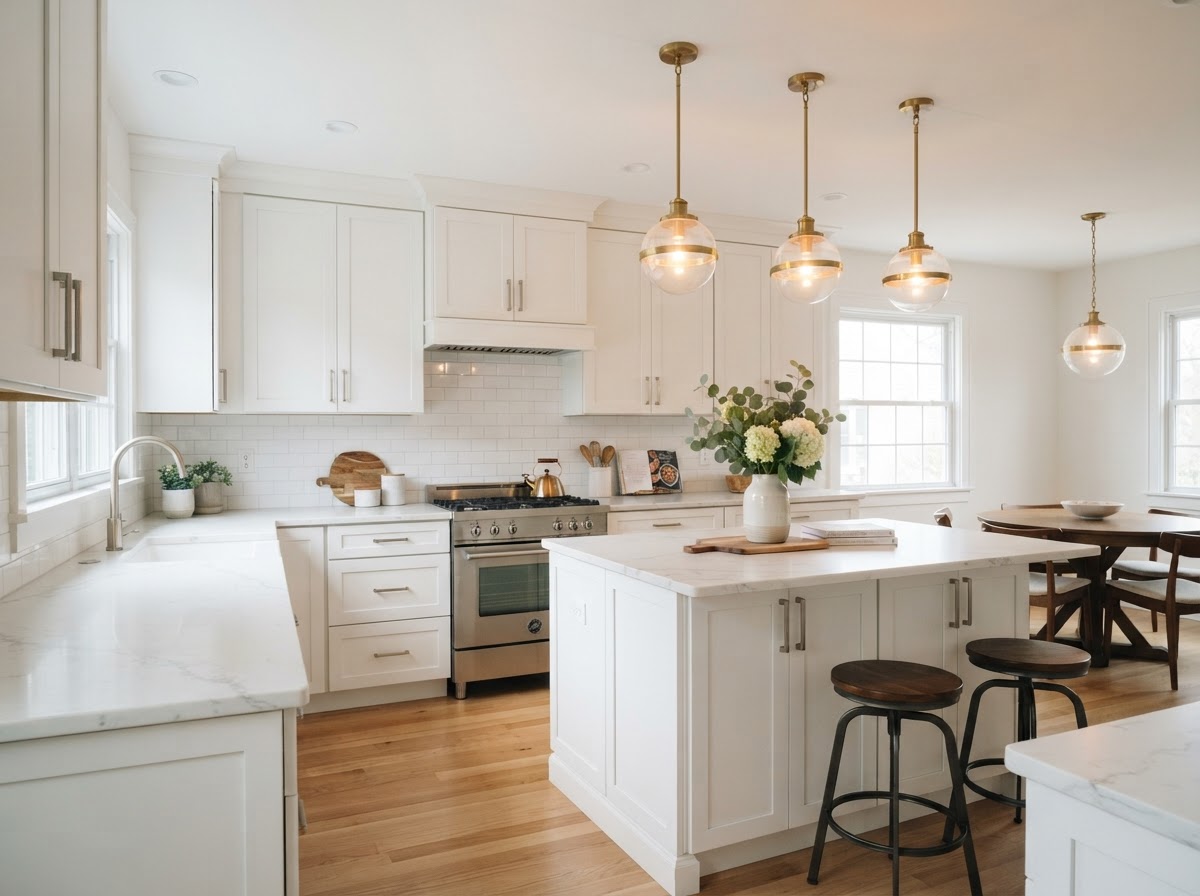 Same kitchen with crisp white painted cabinets and modern hardware after Oread cabinet refinishing