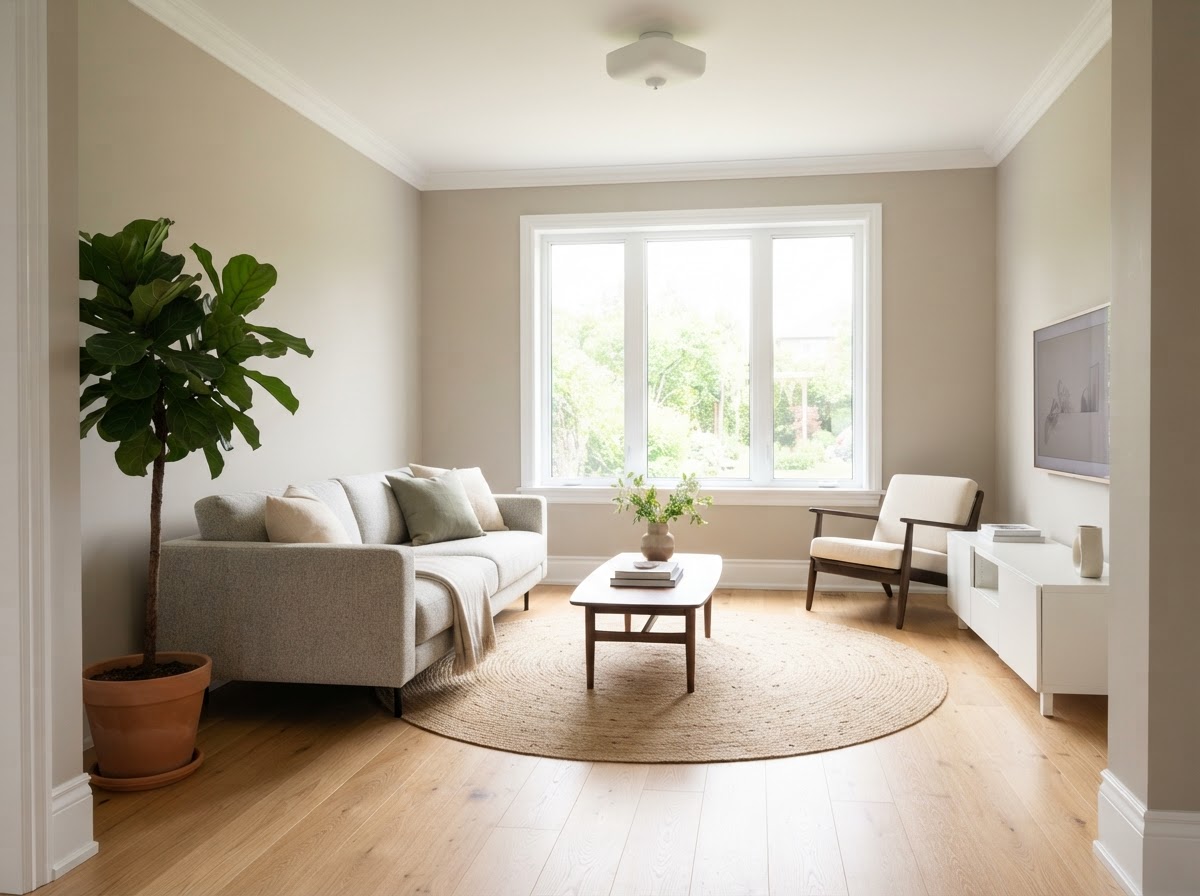 Same living room with fresh warm greige walls and crisp white trim after painting by Oread