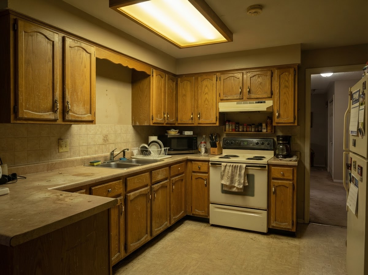 Kitchen with dated golden oak cabinets before refinishing