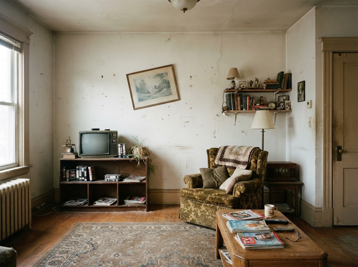 Living room with scuffed off-white walls and dated trim before painting