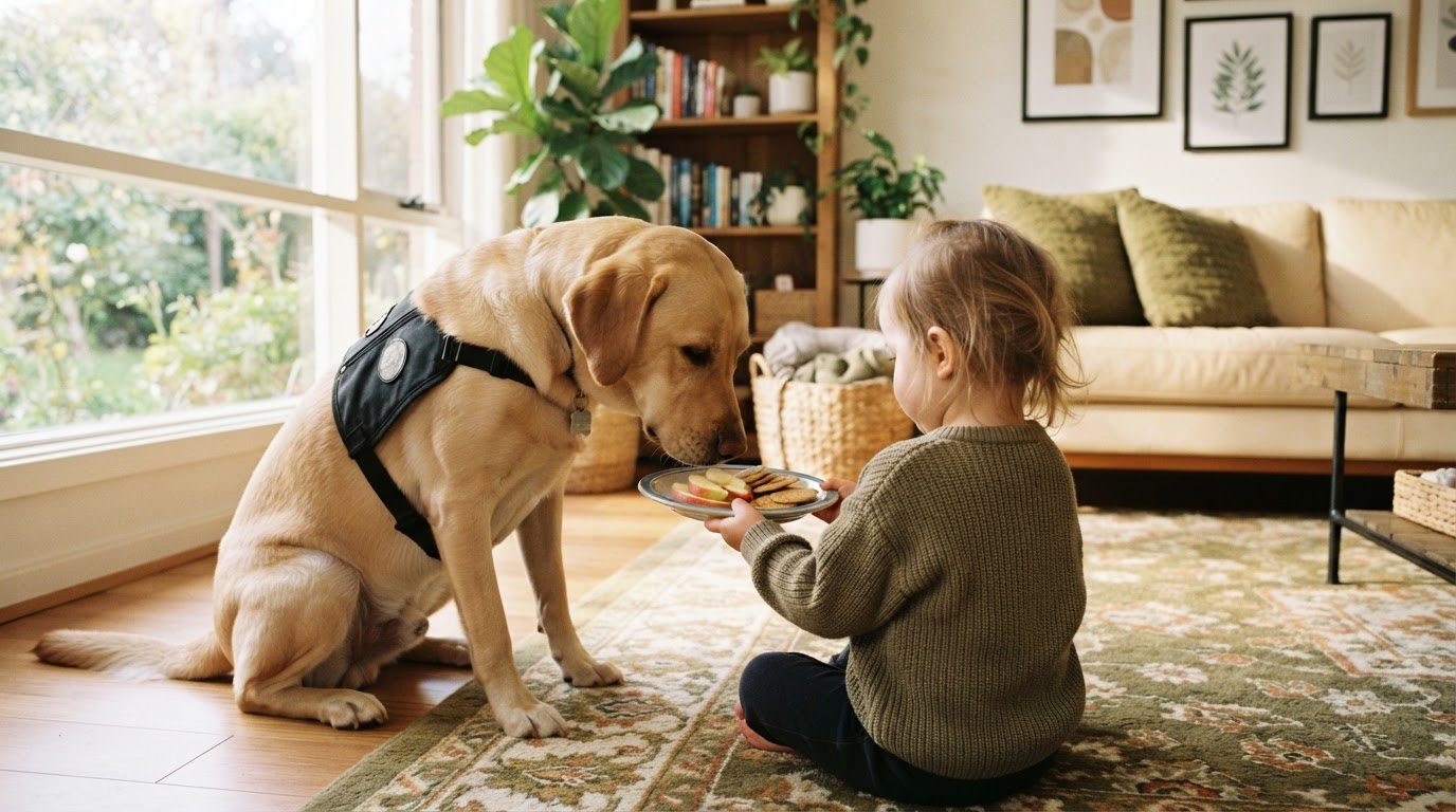 A trained allergy alert service dog beside a child, checking food for hidden allergens