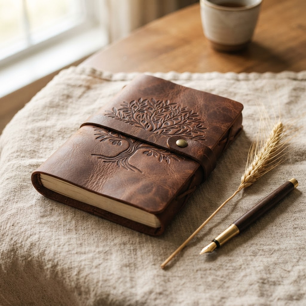 Faith Journal — A leather-bound journal with a debossed olive tree — for prayer, planning, and abiding in the Word.