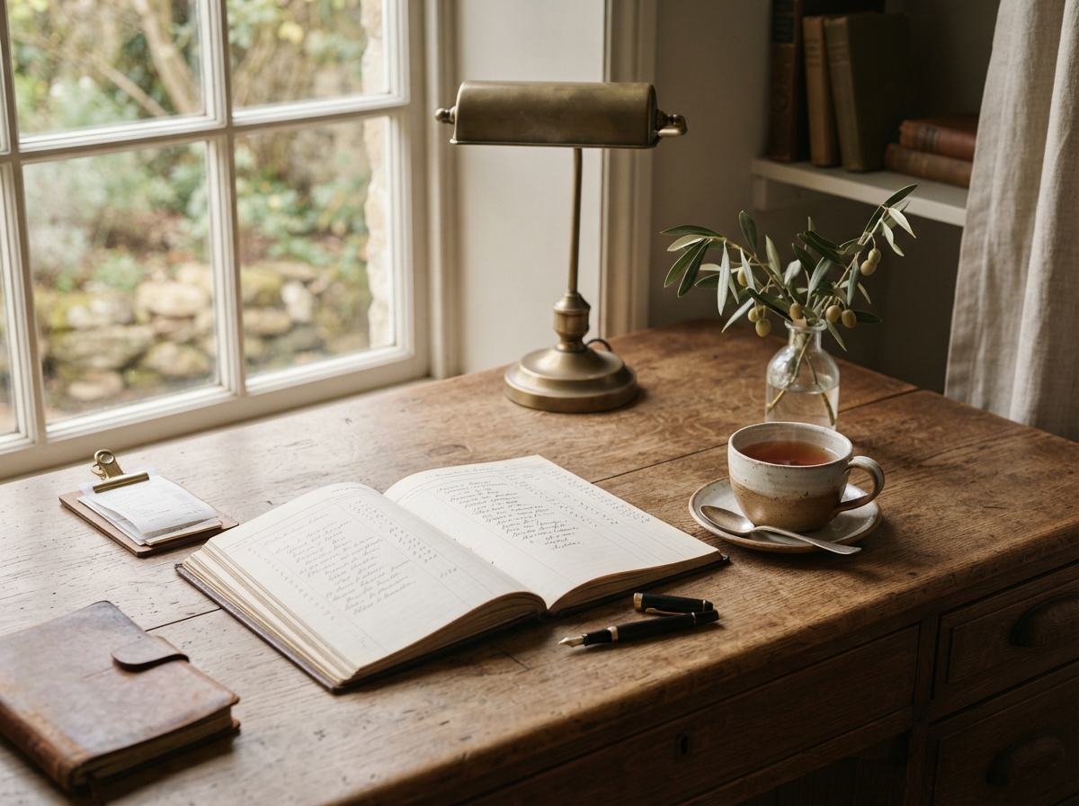 An organized desk with an open ledger, tea, and an olive branch — faithful bookkeeping and tax preparation for Torah-focused small businesses